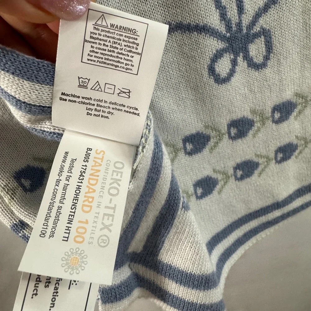 BONBINI New York Cotton Bamboo Baby Blanket‎ Blue Floral Bow Knit 0-6 Months